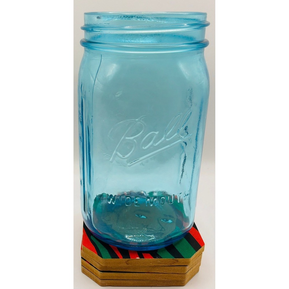Ball Wide Mouth Quart Blue Mason Jar Glass Fruit Design Embossed